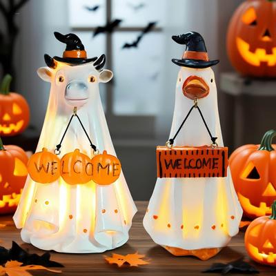 Halloween Porch Ghost Figurine Resin Cow Goose Cat Statue with Pumpkin Bucket or Welcome Sign for Indoor Outdoor Yard Lawn Shelf Table Decor