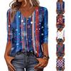 Women's Fashionable Casual Independence Day American Flag and Stars Print V-Neck Three-Quarter Sleeve T-Shirt Top