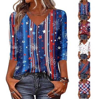 Women's Fashionable Casual Independence Day American Flag and Stars Print V-Neck Three-Quarter Sleeve T-Shirt Top