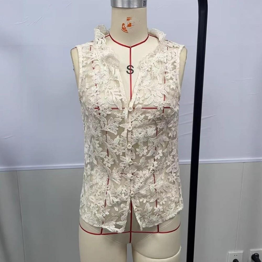 Button Front Lace Embroidery Tops V-neck Lace Tank Top Loose Fit Floral Mesh Shirt  Summer Season