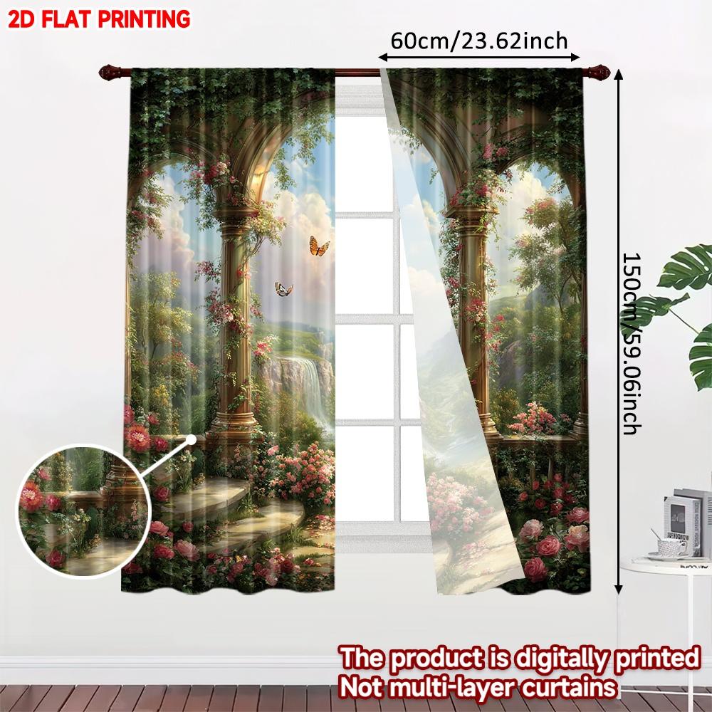 Arch Window Garden View Curtains Digital Printing Landscape Flowers Butterfly Waterfall Cozy Bedroom Living Room Set Of 2 Made Polyester Area Decor