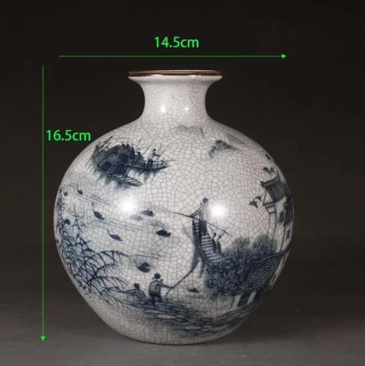 

Китайская династия Цин Синий и белый старинный антикварный фарфор Узор «Водный город Цзяннань» Керамическая ваза Украшение для дома и шкафа Ремесло