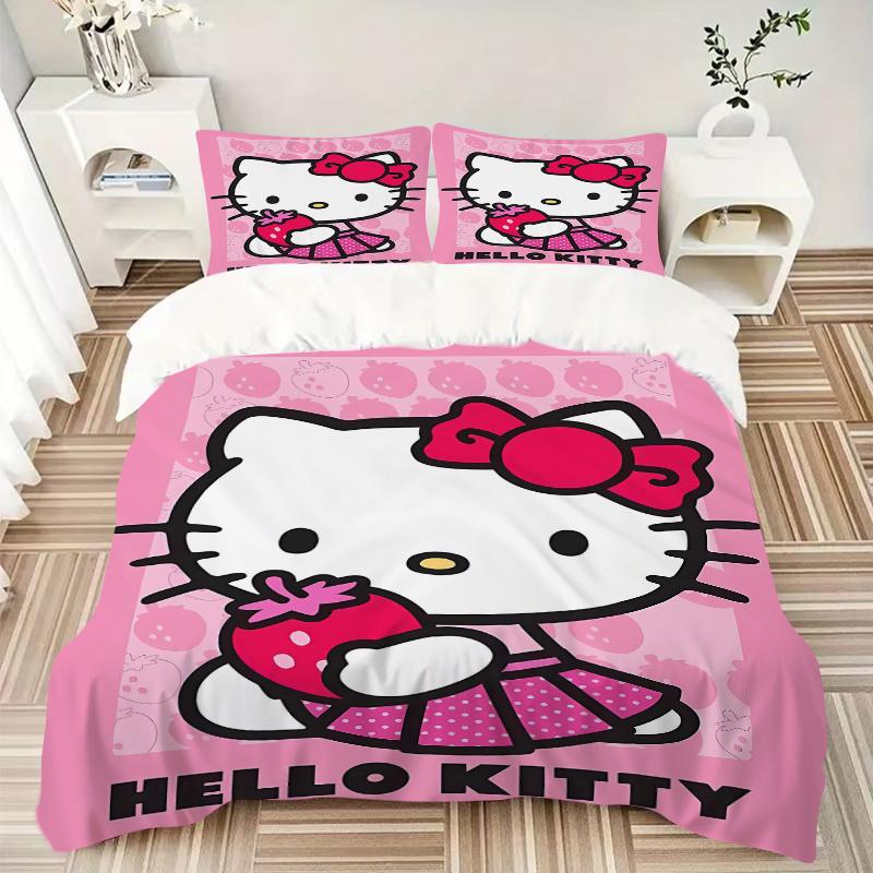 3pcs Strawberries and Hello Kitty Quilt Cover Set (1 Quilt Cover + 2 Pillowcases Without Pillow Core), High-Definition Printing for Home and Dorm