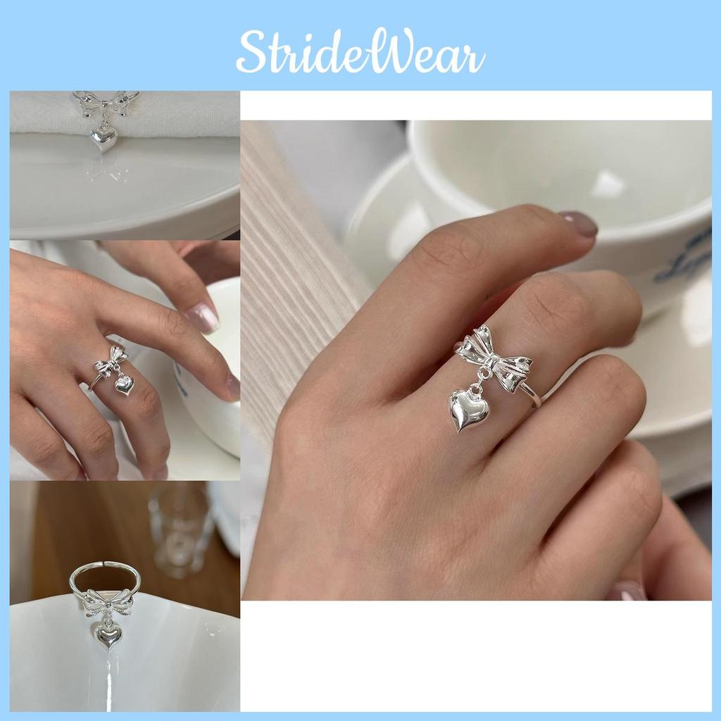 Stylish Ins Inspired S925 Silver Plated Bow Heart Ring Adjustable Design For Fashionable Women