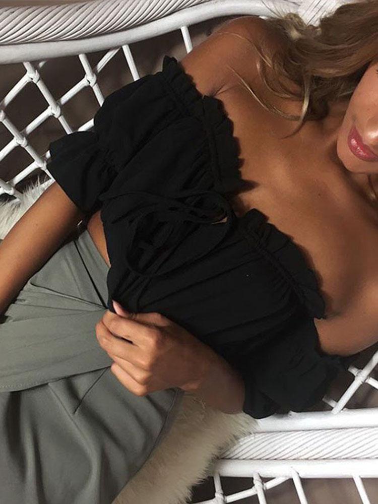 Topuri crop femei de vară cu mânecă lanternă sexy topuri de plajă fără bretele plus mărime, roșu, negru, alb, crop top cu volan