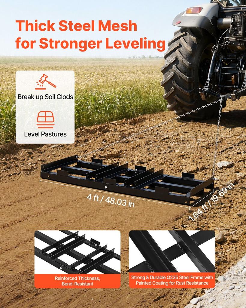 Drag Harrow, 122 X 50 Cm, Tow-Behind Driveway Grader with Adjustable Width & 50lbs Load Capacity, Heavy Duty Lawn Leveling Rake, Galvanized Steel