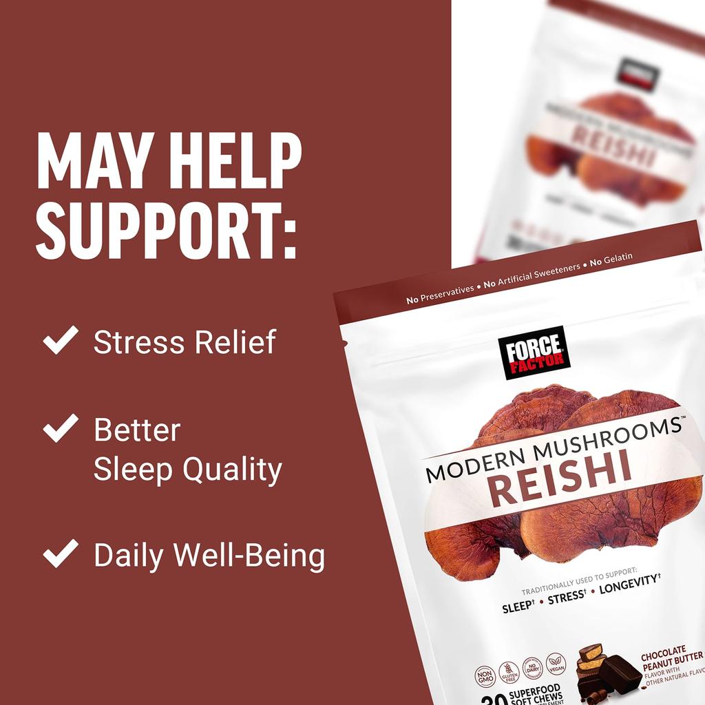 Force Factor, Modern Mushroom, Reishi Mushroom, Chocolate Peanut Butter Cups, 30 Superfood Soft Chews