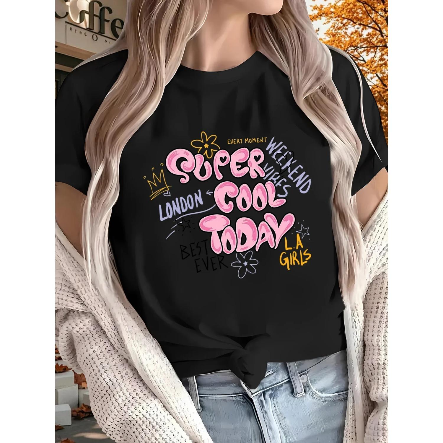 

Graphic Casual Wear for Outdoor Vacations Weekend Wear Shirt Comfortable Women s Cute Graffiti Print T-Shirt Sleeve S чёрный