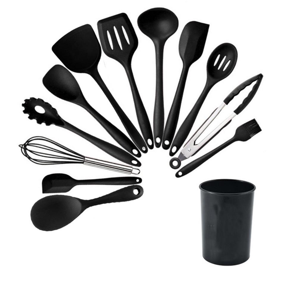 13pcs Silicone Cooking Utensils Set With Hook Design Comfortable Handle Non stick Kitchen Accessories black