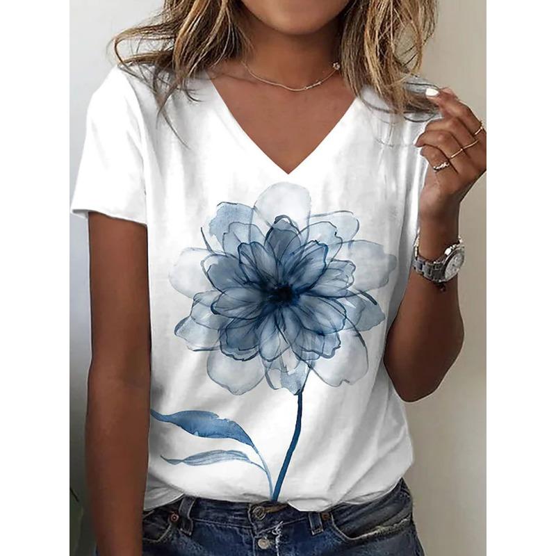 Women V Neck Floral Print Lace Patchwork Short Sleeve Casual T Shirt