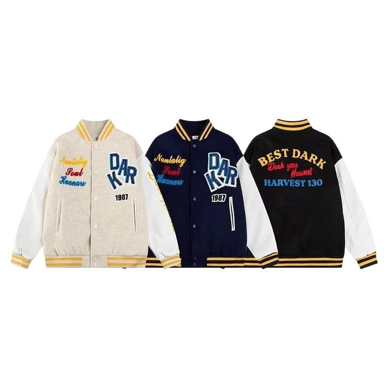 Women's Embroidered Letter Guochao Baseball Jacket - Color Block, Loose Fit, Ideal for Spring & Autumn, Suitable for Middle & High School Students