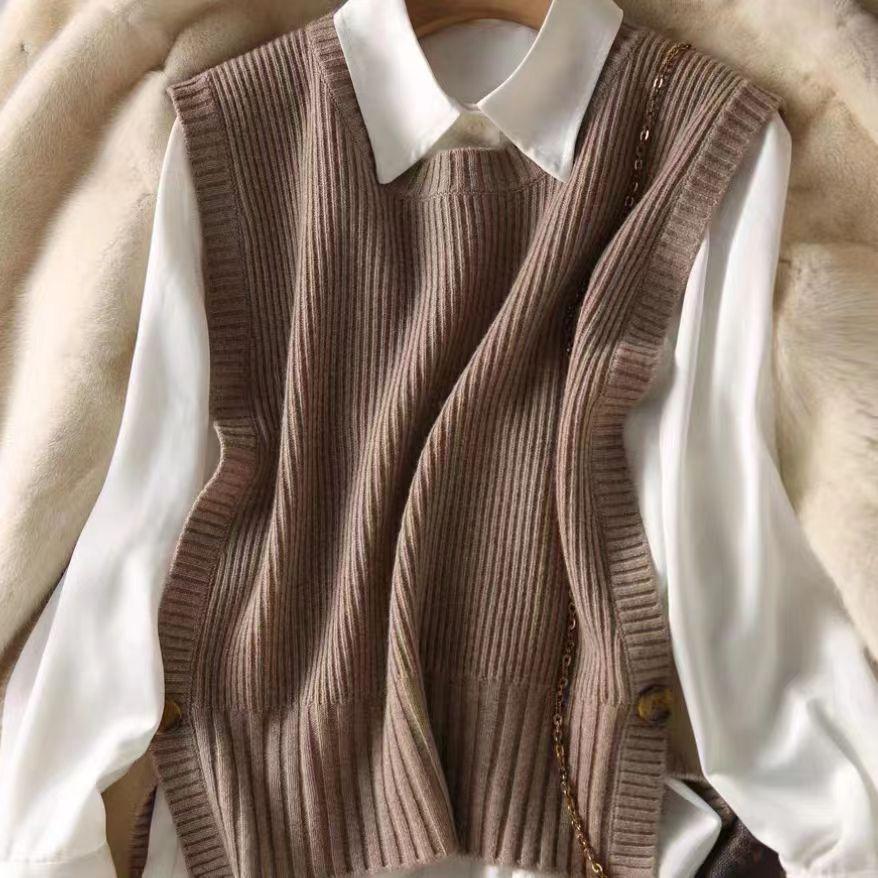 Women's Round Neck Pullover Knitted Vest Loose Casual Outerwear Sleeveless Cardigan Vest Outer Wear Lazy Style Top