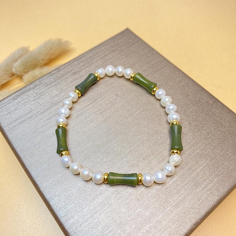 Браслет из стерлингового серебра S925 с жемчужными бусинами, оливковым нефритом и бамбуковыми секциями - Унисекс, в национальном стиле 18cm