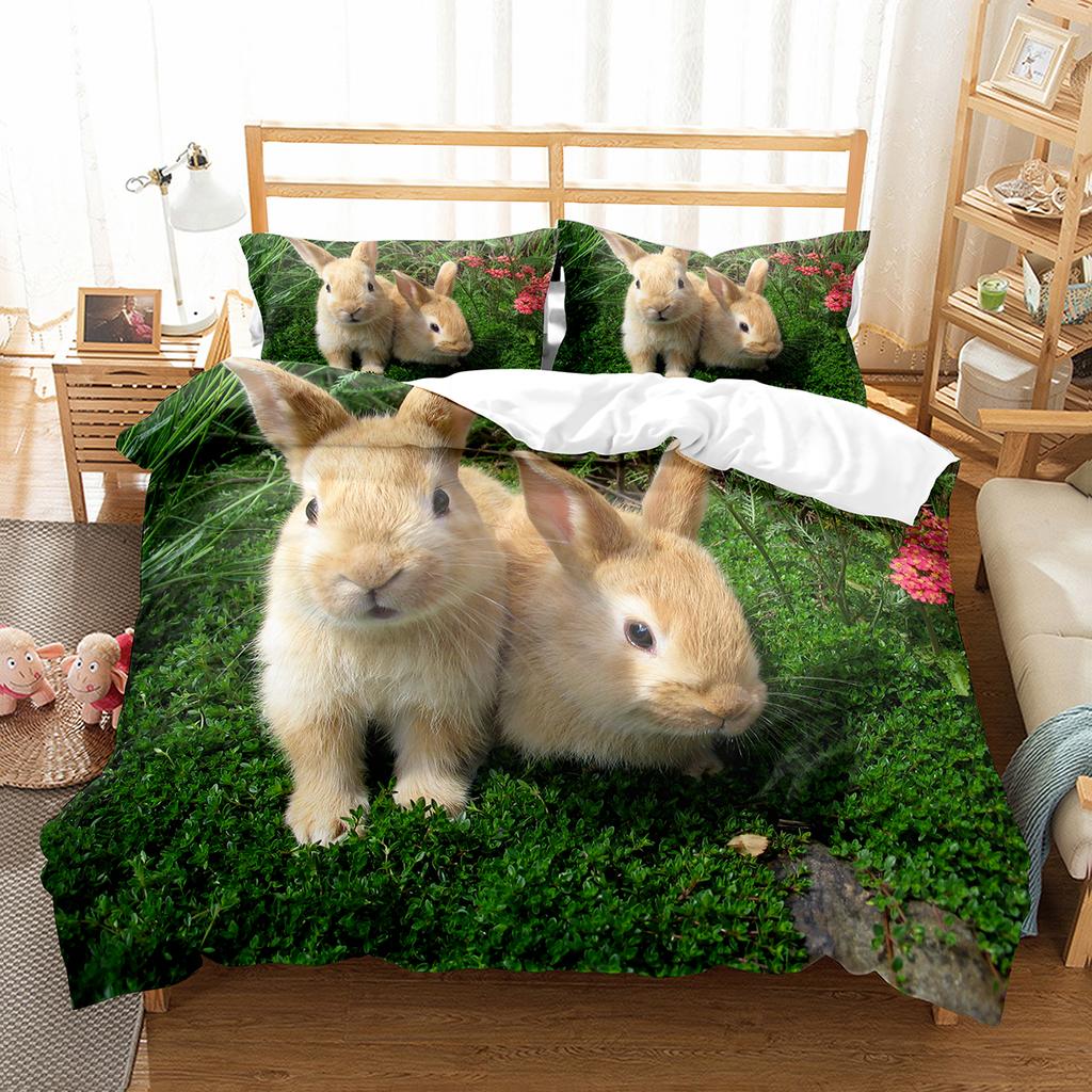 Cute Rabbit Duvet Cover Set Animals Polyester Comforter Cover King Queen Size for Kids Boys Girls Bedding Set with Pillowcase