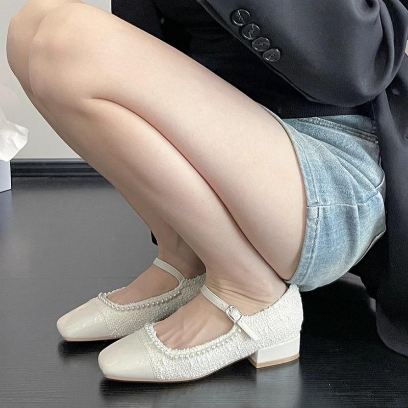 Fashion Women's Thick Heel Shoes Spring New Square Head Shallow Mouth Splicing Bead Non-slip Low-top Shoes