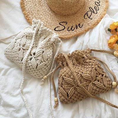 2025 Drawstring Versatile Fashion Straw Bag Small Fresh Shoulder Woven Bag Beach Bag Women's Bag Mini Vacation
