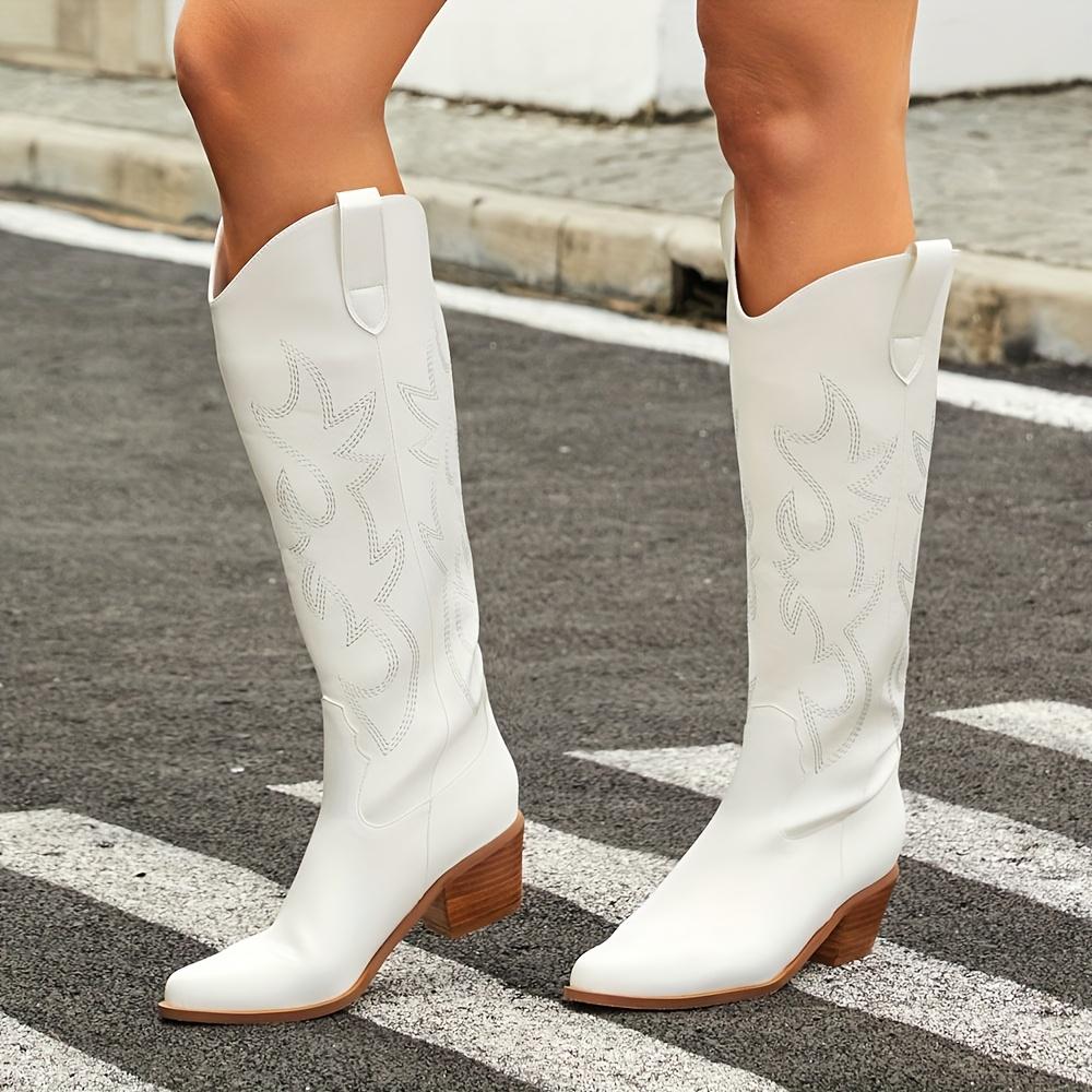 Vintage Western Cowgirl Embroidered Knee-High Boots For Women Fashion Comfort Point Toe Chunky Heels Cowboy Long Booties Woman