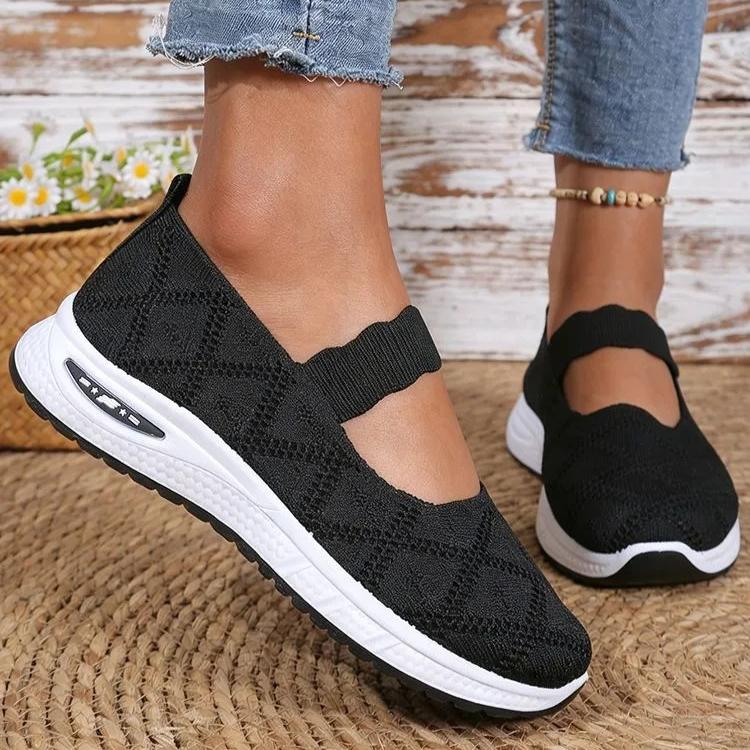 Knit Mesh Slip-On Sneakers for Women, Comfortable Air Cushion Sole Breathable Casual Walking Shoes with Mary Jane Strap
