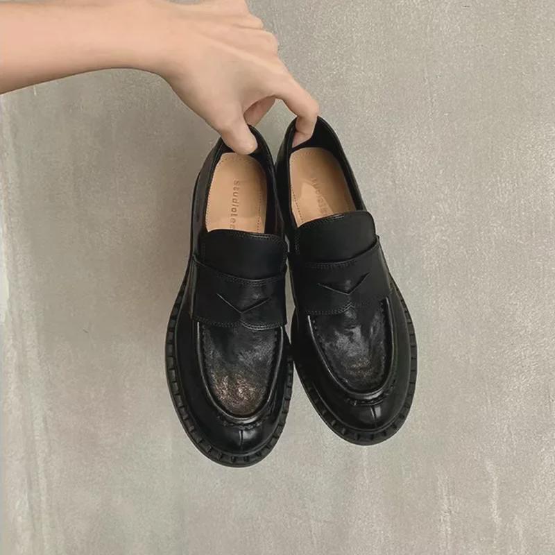 Retro İngiliz Tarzı Üzümlü Anne Loafer'ları: Kadın Kalın Topuk Sonbahar/Kış Ayakkabıları