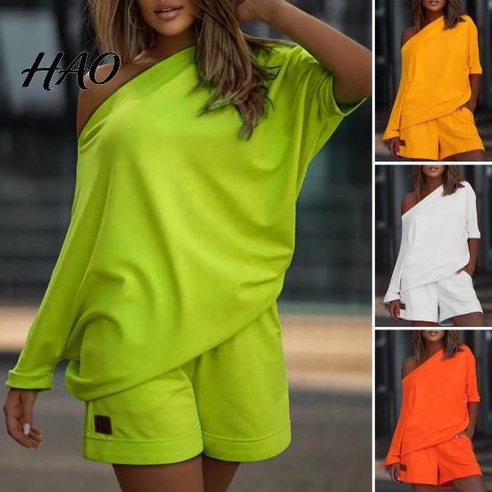 One-shoulder 2 Pcs/Set Women Tracksuit Solid Color Short Pants Leisure Summer Top Set for Daily Wear