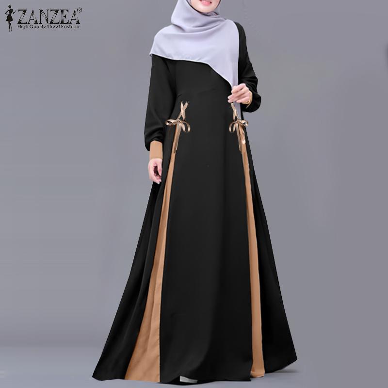 ZANZEA Women Casual Patchwork Loose Long Sleeve Muslim Dress