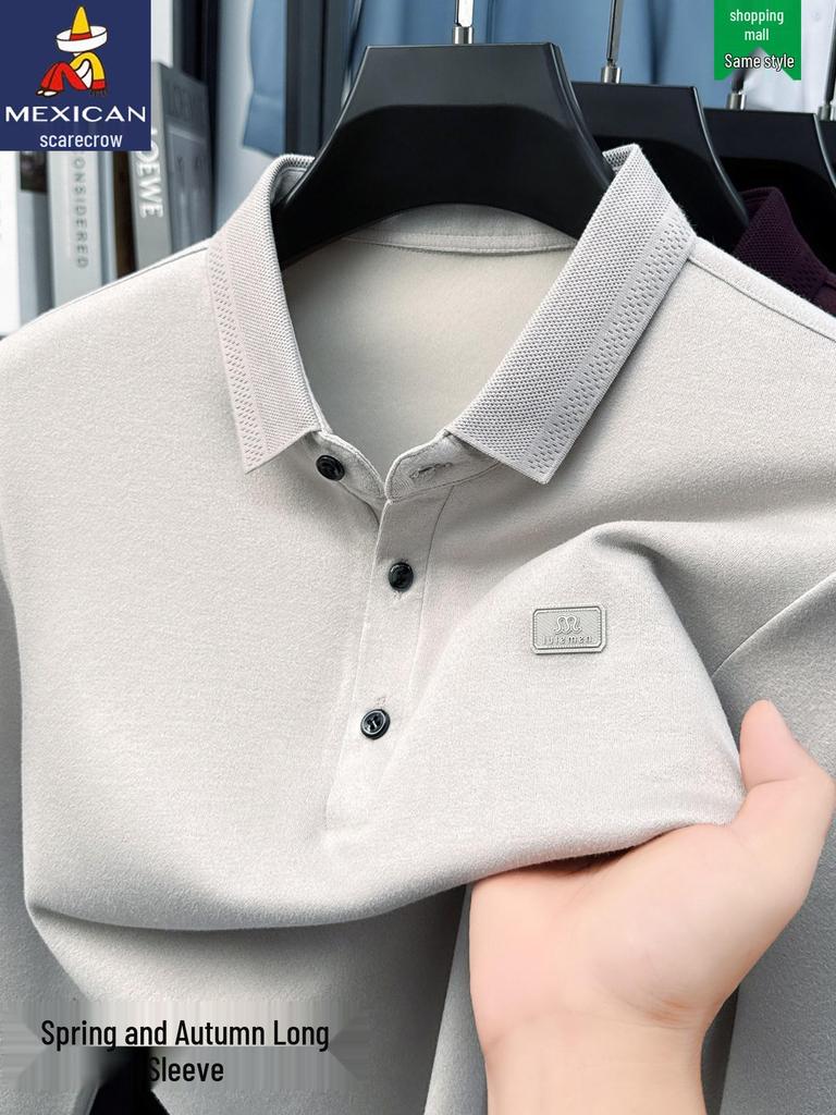 Scarecrow Herren Langarm-Poloshirt, Unifarben, Baumwolle, Lässige lockere Passform für Frühling und Herbst 2025