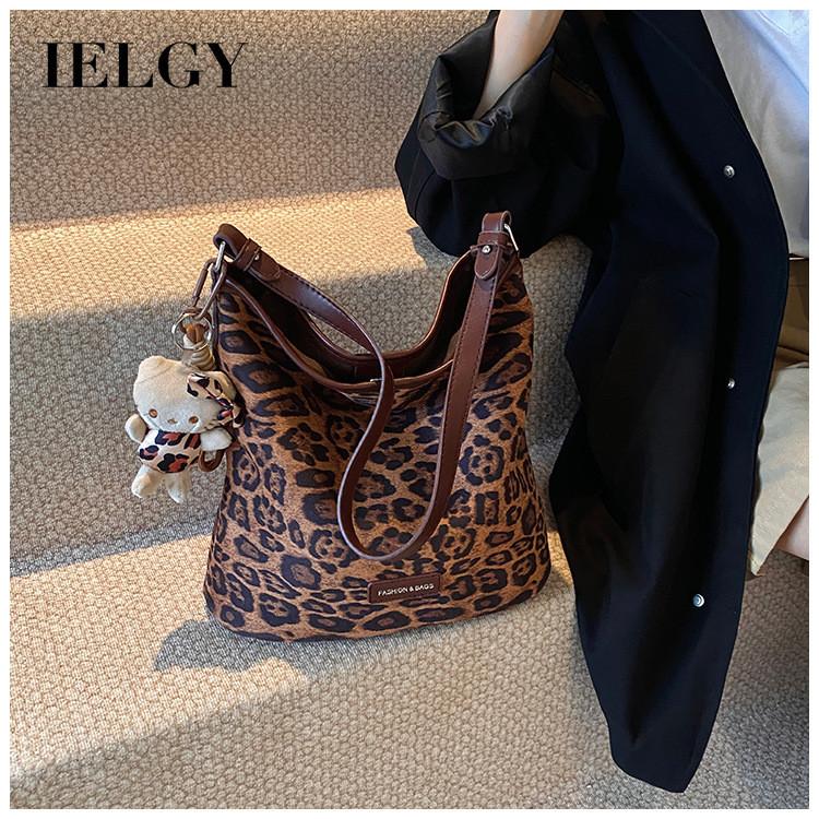 Ielgy Large-Capacity All-Match One-Shoulder Tote Bag Autumn Winter Retro Niche Leopard Print Cross-Body Commuter