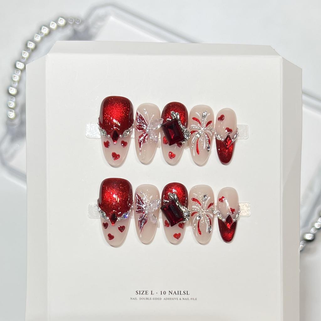 10Pcs Artificial Nails Red Cat-Eye Crystal Fake Nails With Butterfly Design For Holiday Party