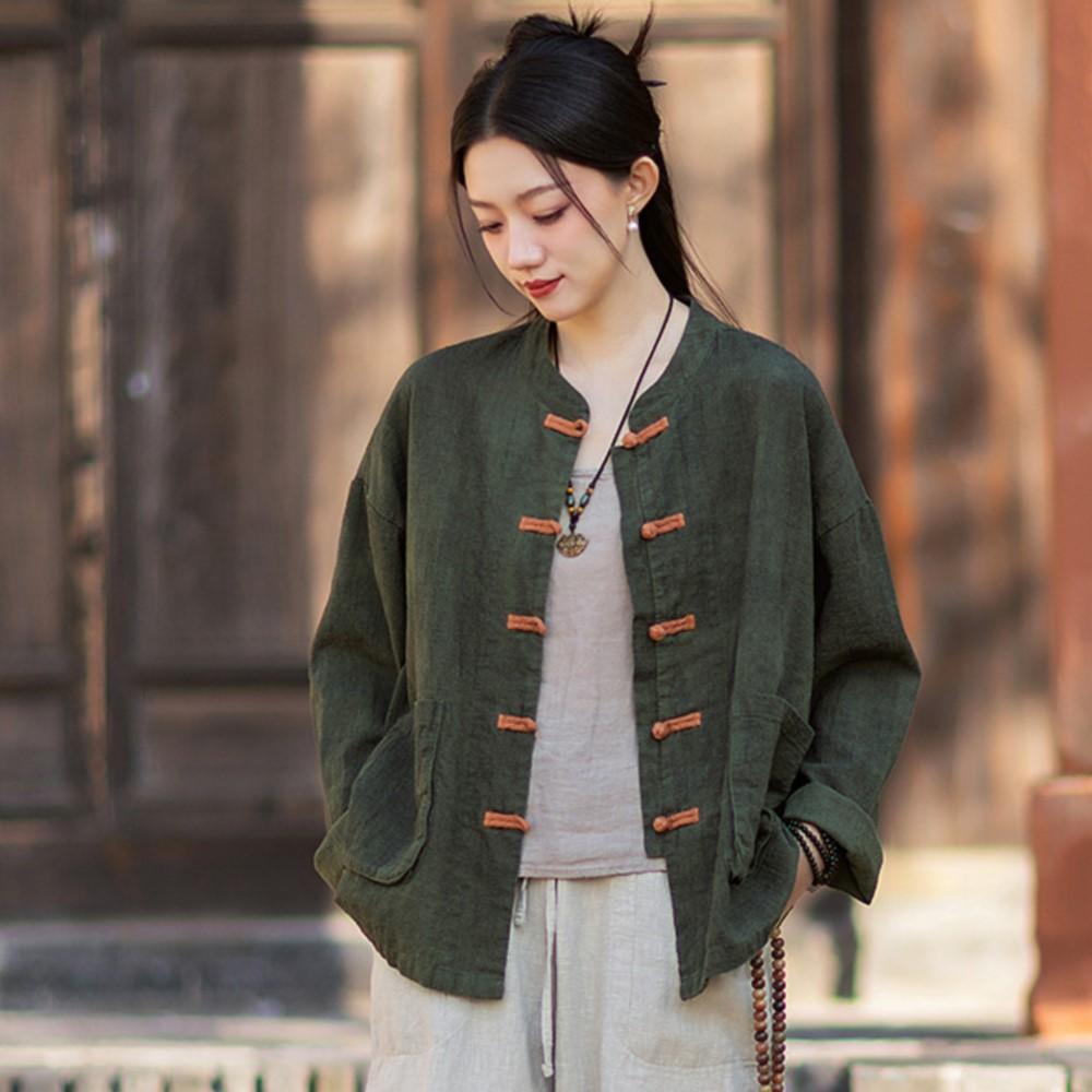 Women Vintage Shirts Tops Stand Long Sleeve Spring Chinese Style Button High Quality Cardigan Blouses