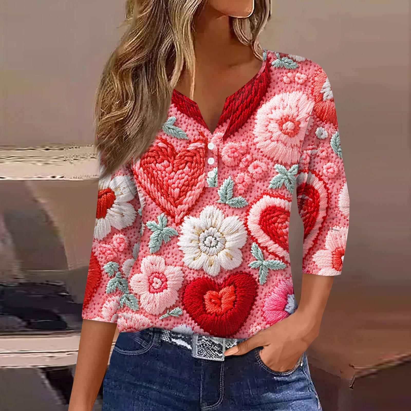 

Женская повседневная футболка с пуговицами, V-образным вырезом, семью рукавами и принтом ко Дню святого Валентина XL киноварь