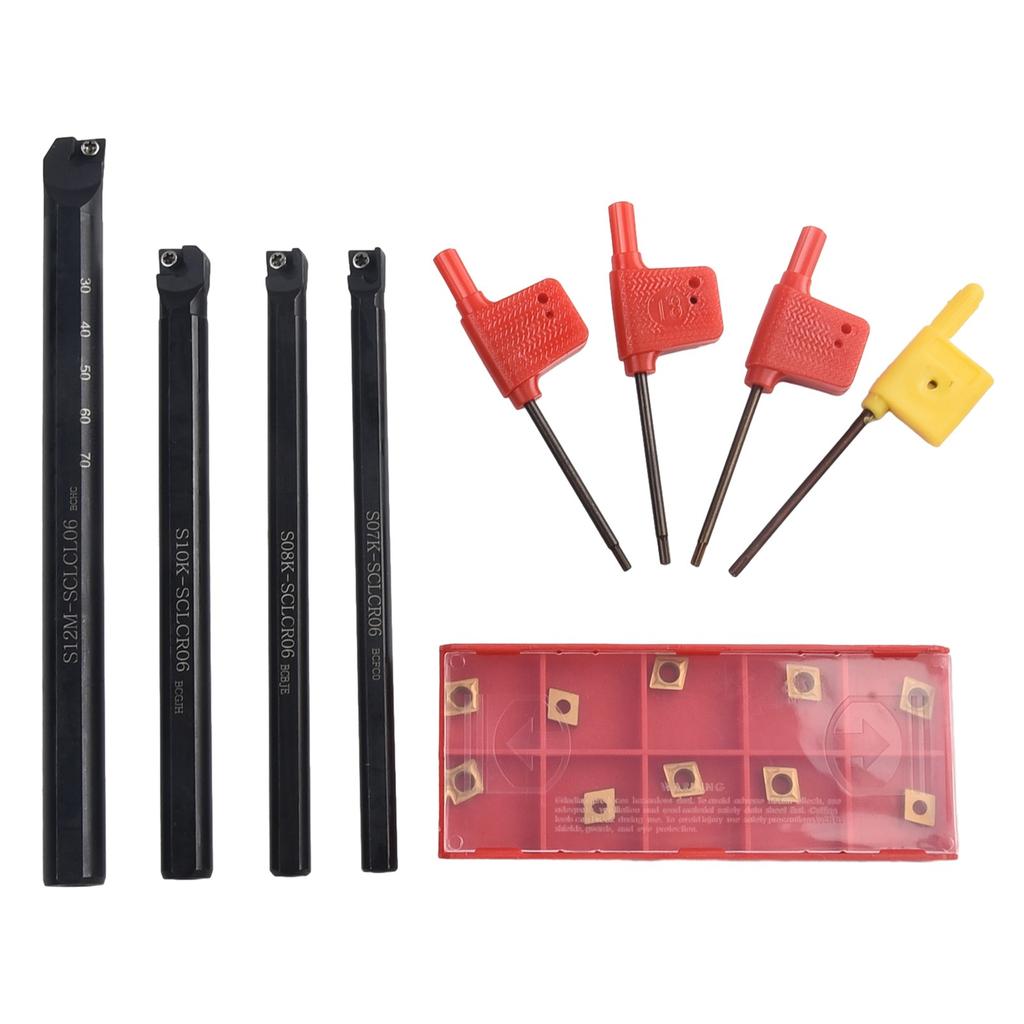 4Pcs Lathe Boring Bar Turning Tool Set S07K/S08K/S10K/S12M-SCLCR06 & T8 Wrenches