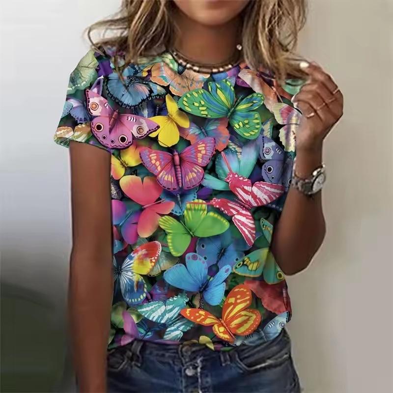Summer Casual Short Sleeved Round Neck Top with 3D Printed Colorful Butterfly Pattern Women's T-shirts