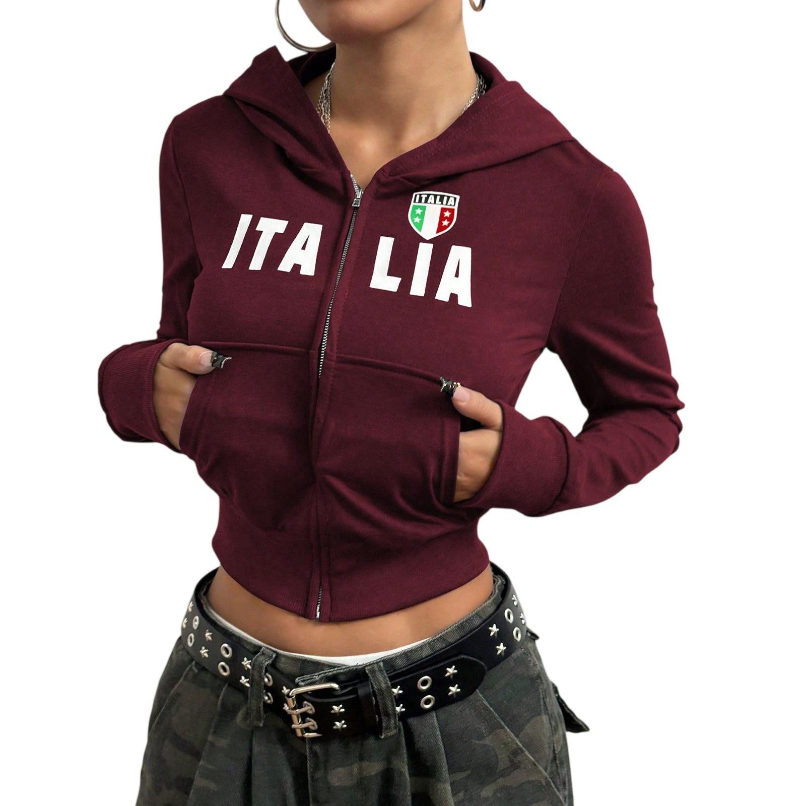 

Укороченная толстовка на молнии с капюшоном и принтом XL винный