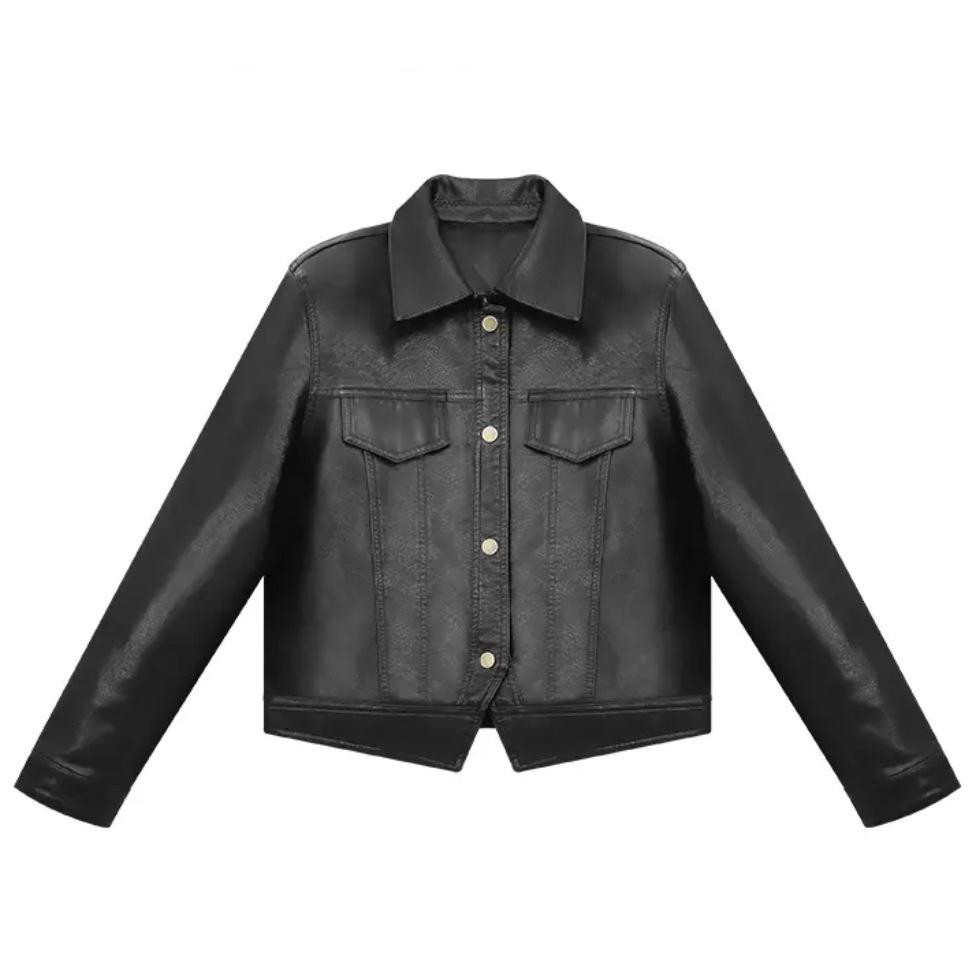 

Женская короткая мотоциклетная куртка из искусственной кожи - 2025 Весна/Осень Корейский стиль, Универсальный повседневный топ XL