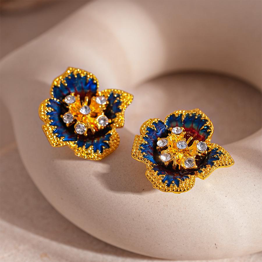 Французский придворный стиль капельное масло бриллиантовый цветок серебряная игла серьги ретро простые серьги