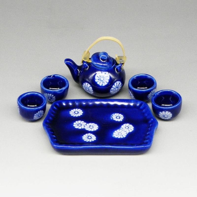 Miniature Teaware Set Model For Children And Collectors With Blue White Porcelain Teapot Cup Tray Doll House Furniture