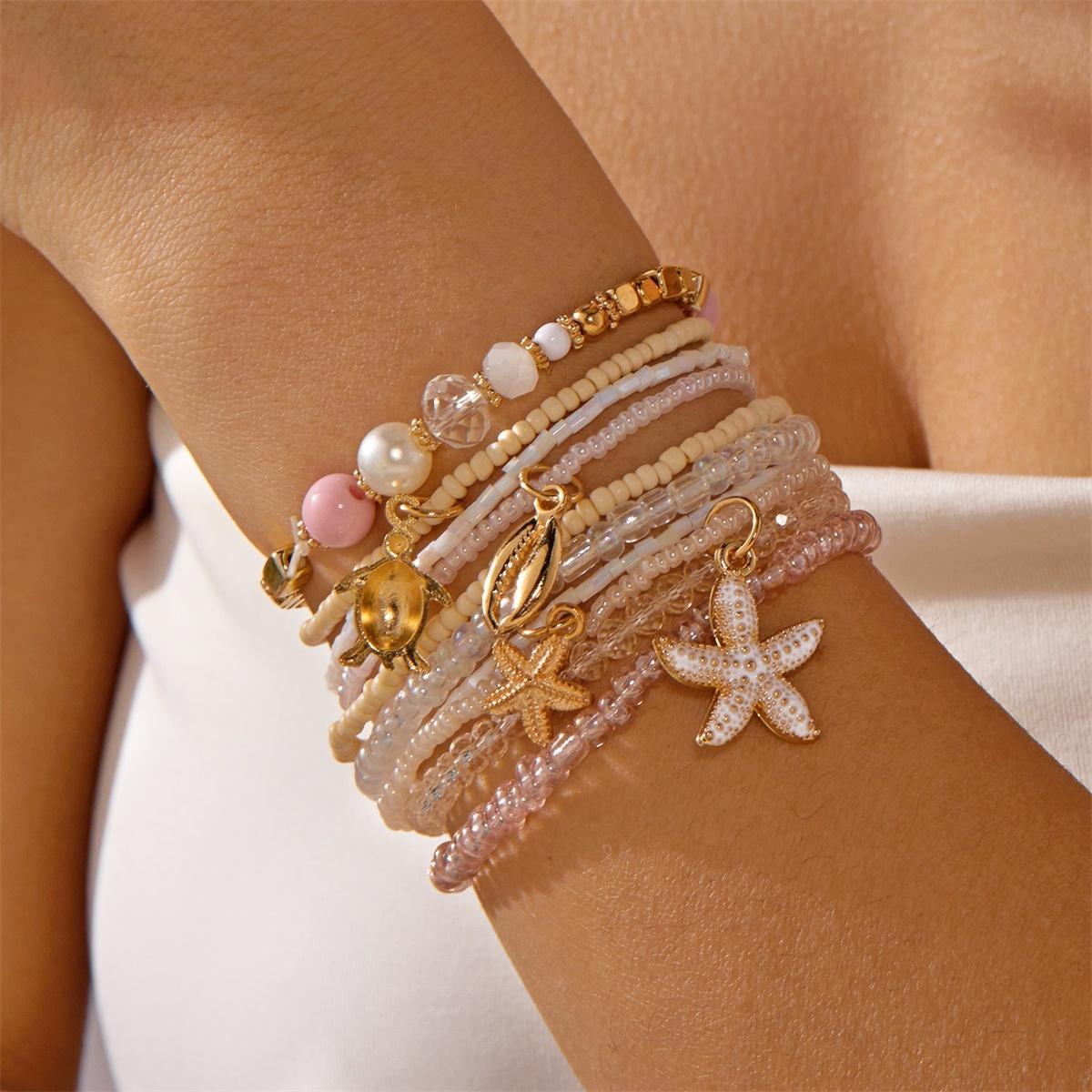 

Summer Starfish Turtle Shell Pendant CCB Rice Beaded Bracelets For Women Men Handmade Sea Star Multilayer Bangle Beach Jewelry