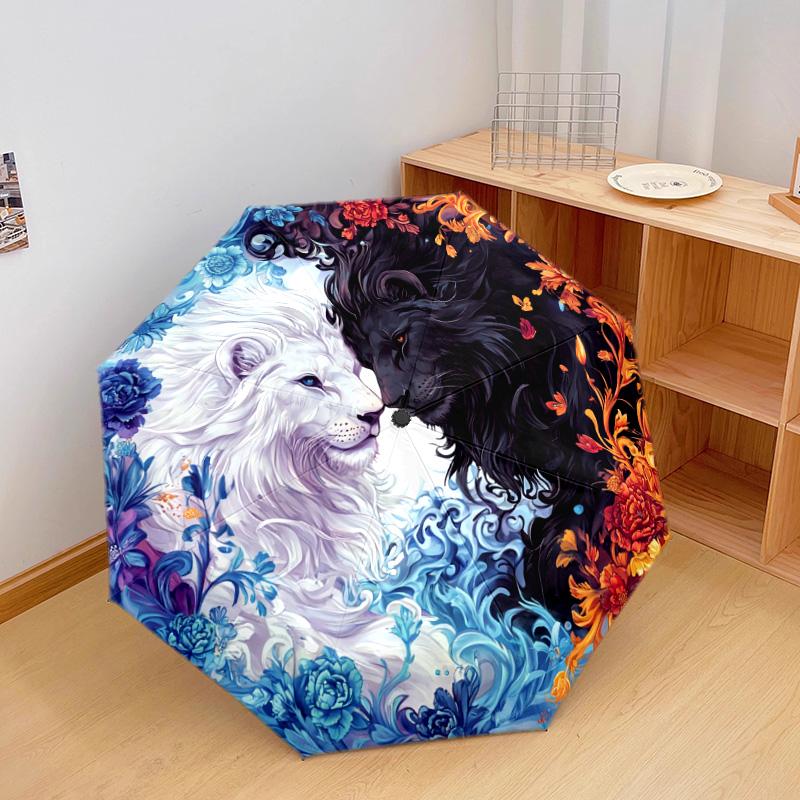 1 PC Automatic Folding Umbrella - Yin Yang Lions Pattern, Portable & Foldable Design with 8 Ribs, Christmas Birthday Gifts