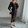 Damen V-Ausschnitt Raffung an der Taille Midi-Kleid mit Schlitz vorne Dreiviertelärm Elegante Passform für den täglichen und formellen Gebrauch