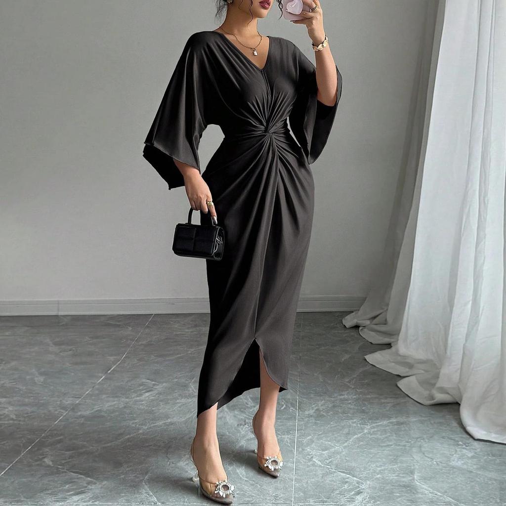 Damen V-Ausschnitt Raffung an der Taille Midi-Kleid mit Schlitz vorne Dreiviertelärm Elegante Passform für den täglichen und formellen Gebrauch