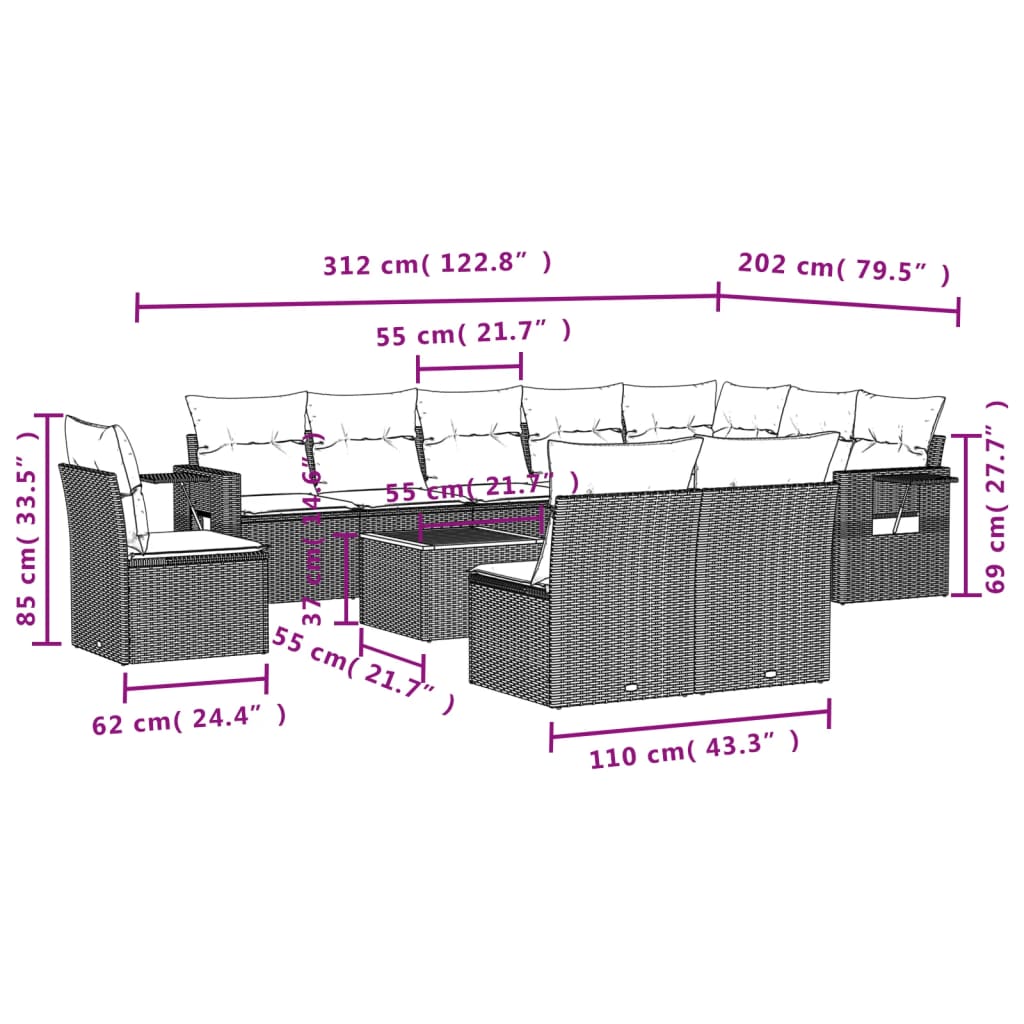 11 piece garden sofa set with cushions black poly rattan