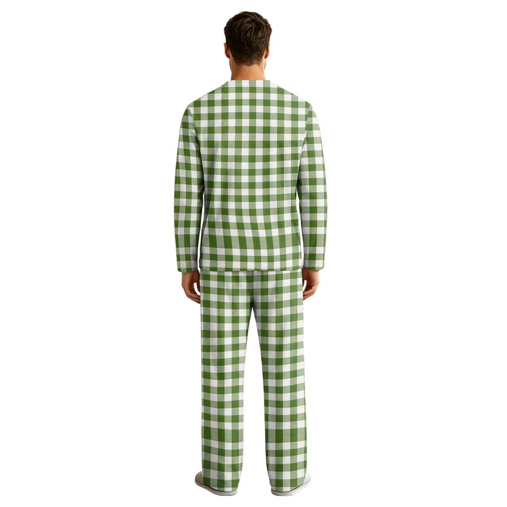 Men's Pajama Set Long Sleeve Top and Long Pants with Button Crotch and Elastic Drawstring Waist for Home Loungewear