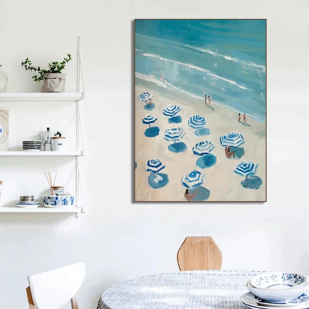 Blue Coastal Beach Seashell Sailboat Posters Prints Canvas Painting Wall Art Pictures Living Room Home Decor Cuadros