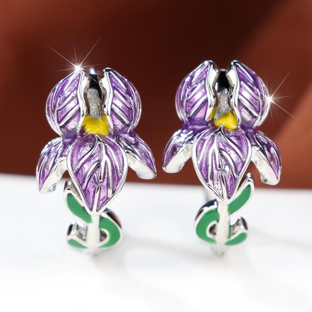 Charming Purple Enamel Iris Flower Huggie Earrings for Women Two Color Options Daily Wear and Party