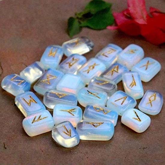 Crocon Opalite Gemstone Rune Stones Set with Elder Futhark Alphabet Engraved Symbol for Chakra Balancing Runes with Pouch :- 20-25 mm App.