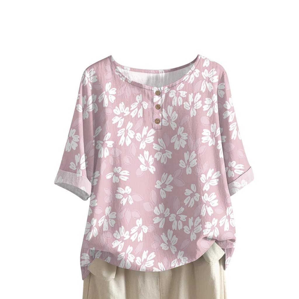Women's Fashionable And Casual Shirt Half-sleeve Round Neck Print Cotton And Linen Blouse Top