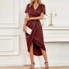 Elegant Wrap Dress for Women Satins V Neck Short Sleeve Midi Long Slit and Pleated Detail Gown for Party Gatherings