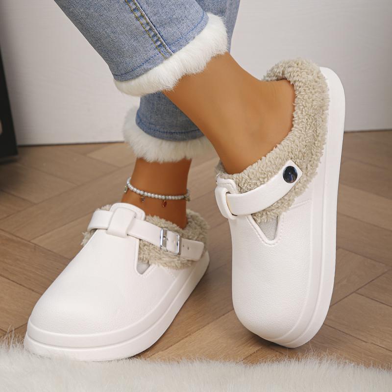 Waterproof Eva Furry Mules Slippers Women Winter Metal Buckle Warm Plush Slippers Soft Thick Bottom Non Slip Indoor Shoes(Order A Size Up)