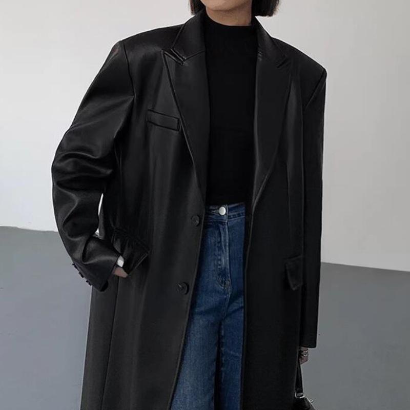 

Черная Кожаная Куртка Средней Длины Женская Модная Свободная Куртка-Блейзер из ПУ Кожи на Весну и Осень XS чёрный