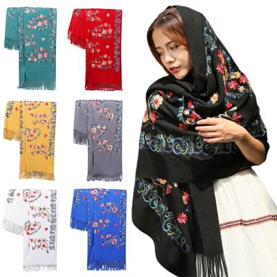 Winterschal Stickerei Blumenmuster Quaste Trim Langer Schal Ethno-Stil Verdickt Warm Damen